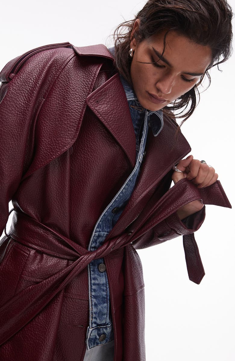Topshop Belted Faux Leather Trench Coat, Alternate, color, 