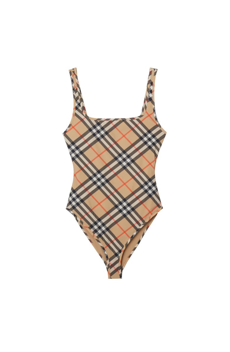 Burberry Check Swimsuit, Alternate, color, Sand