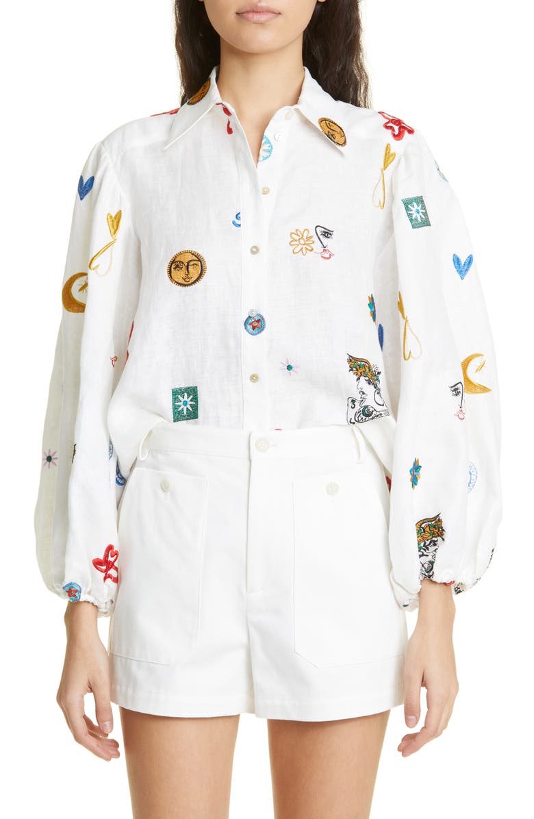 ALEMAIS Soleil Embroidered Linen Button-Up Shirt, Main, color, 