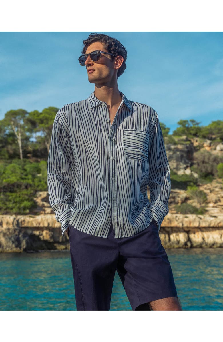 Orlebar Brown Grasmoor Linen Relaxed Fit Linen Stripe Shirt, Alternate, color, White Sand/Night Iris