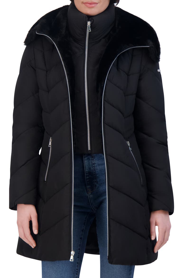 Faux Fur Trim Bibbed Puffer Jacket, Main, color, BLACK
