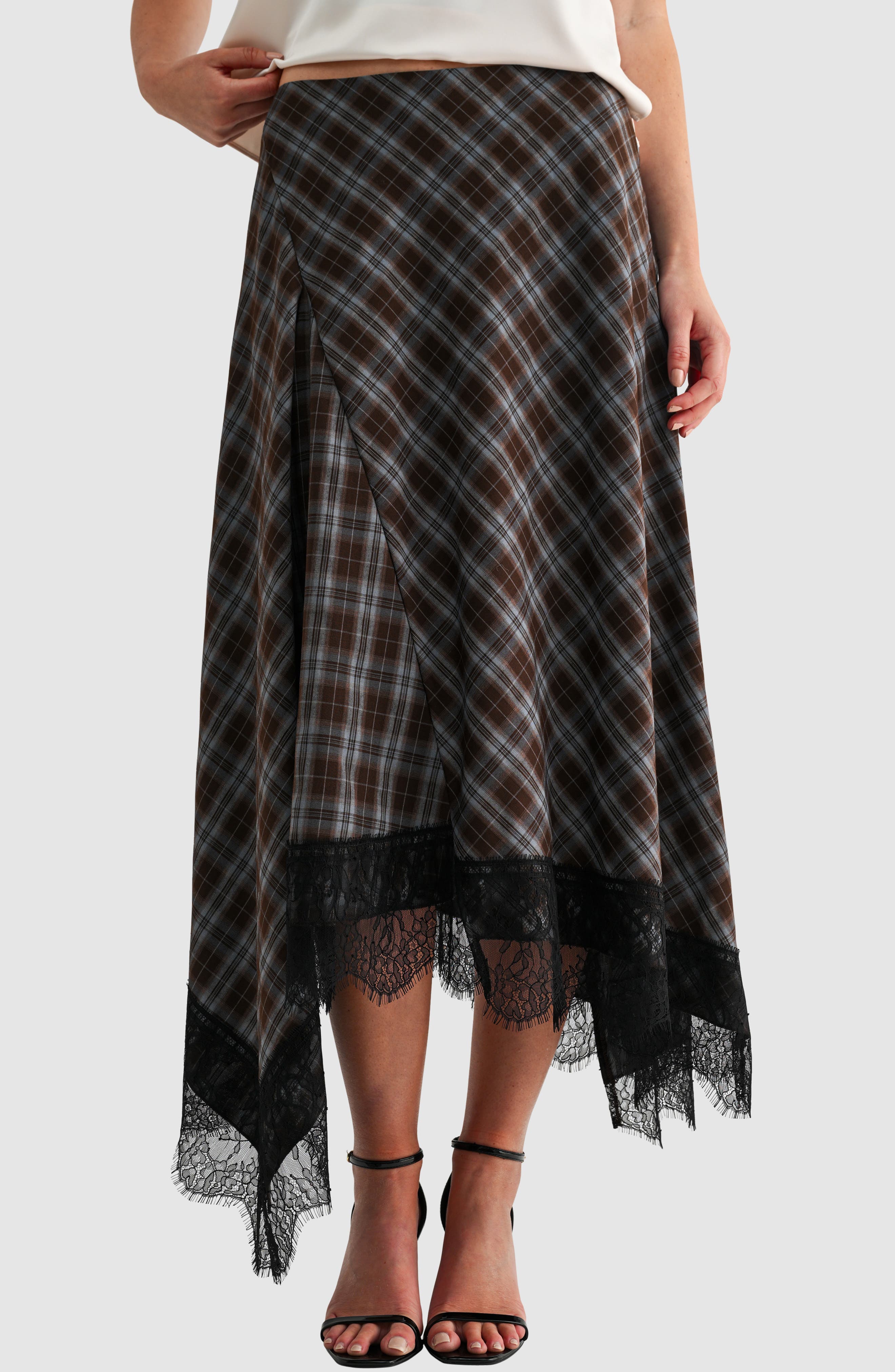 Handkerchief Hem Plaid Midi Skirt with Lace Trim