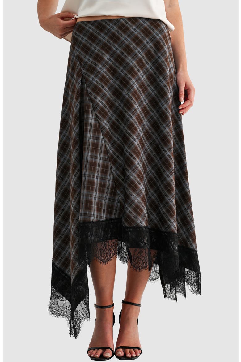 Handkerchief Hem Plaid Midi Skirt with Lace Trim, Main, color, BROWN BLUE PLAID