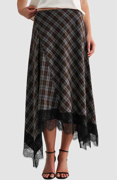 Handkerchief Hem Plaid Midi Skirt with Lace Trim