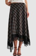 Mila Mae Handkerchief Hem Plaid Midi Skirt with Lace Trim