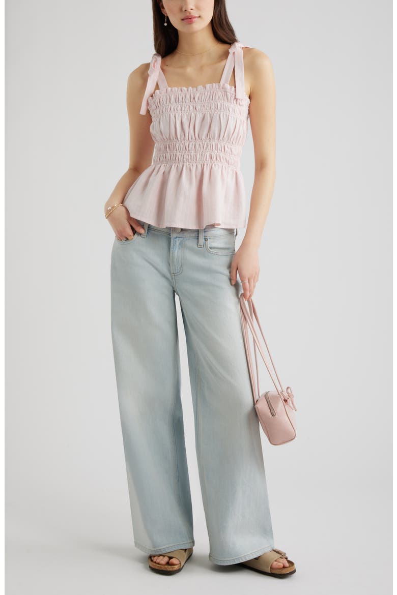 Gingham Shirred Linen Blend Top, Alternate, color, PINK- WHITE NIA STRIPE