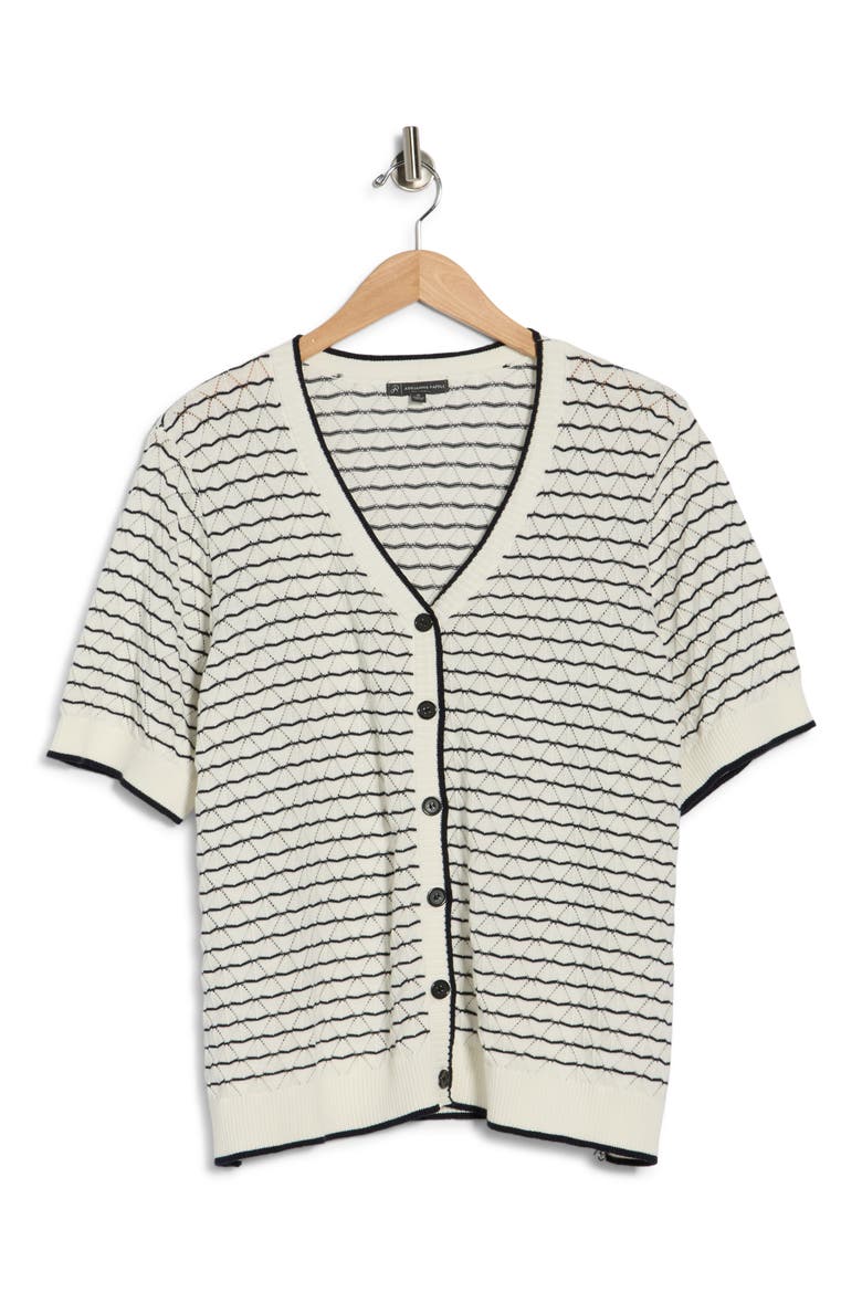 Stripe Short Sleeve Cotton Cardigan, Alternate, color, IVORY/ NAVY
