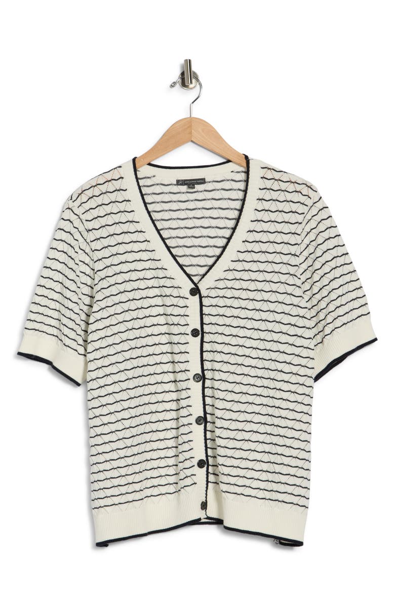 Adrianna Papell Stripe Short Sleeve Cotton Cardigan, Main, color, Ivory/ Navy