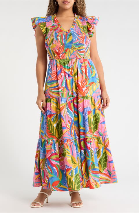 New Guinea Sunfire Tiered Midi Dress (Plus)