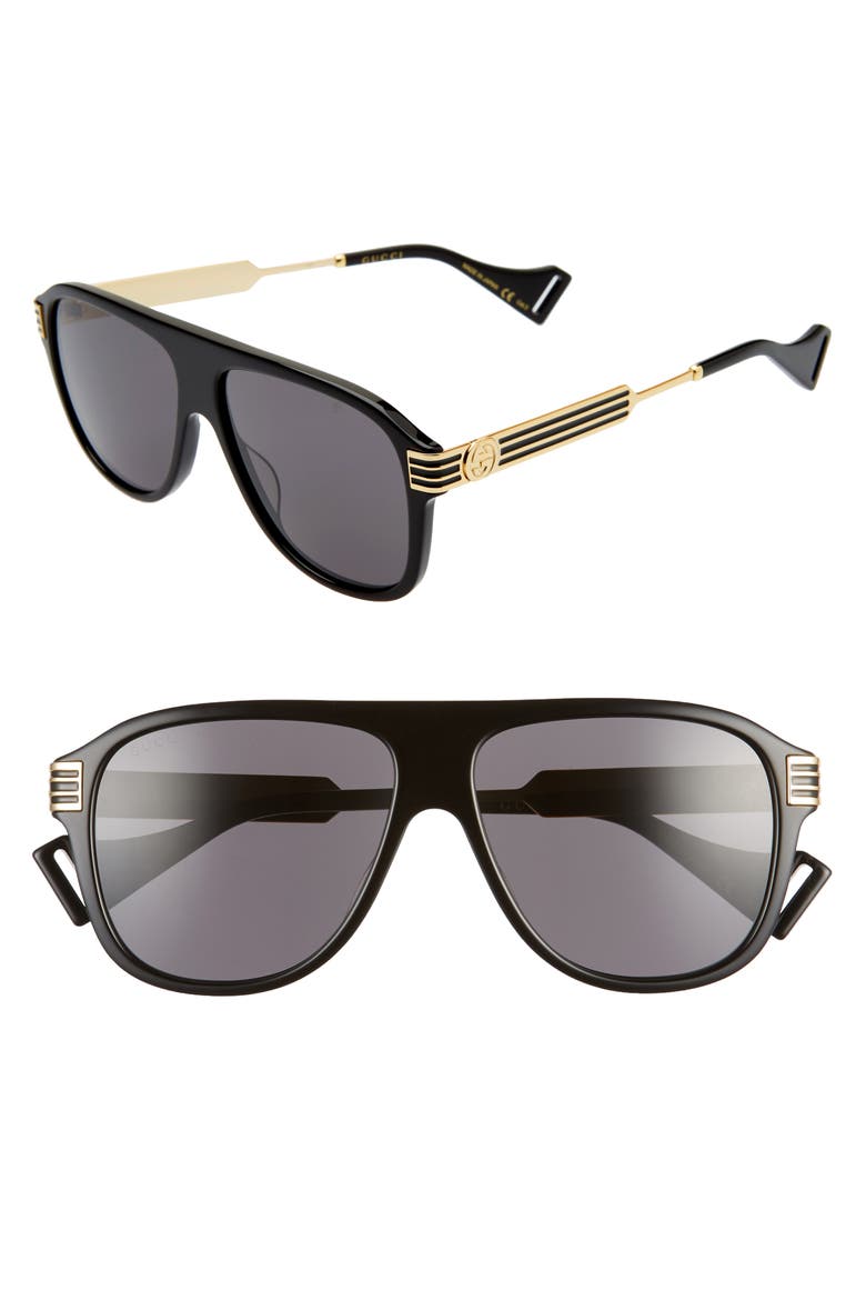 57mm Aviator Sunglasses, Main, color, SHINY BLACK