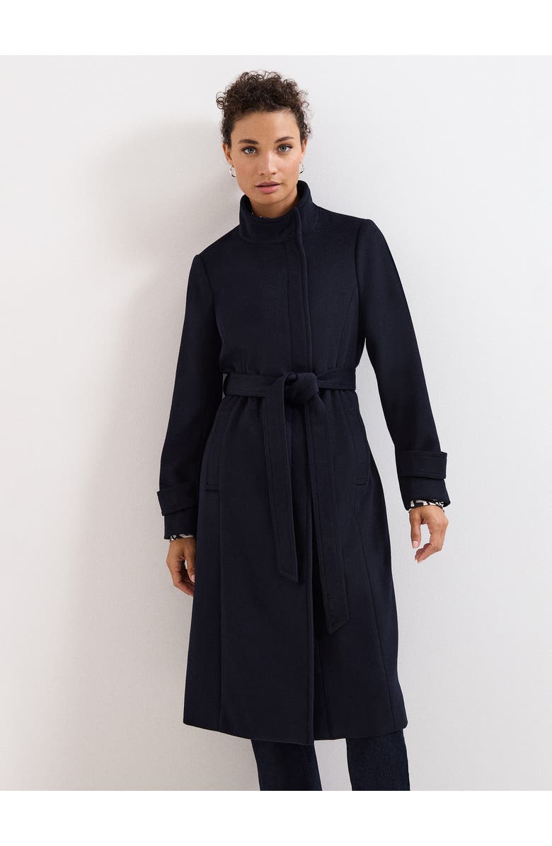Phase Eight Belted Funnel Collar Coat, Main, color, Navy