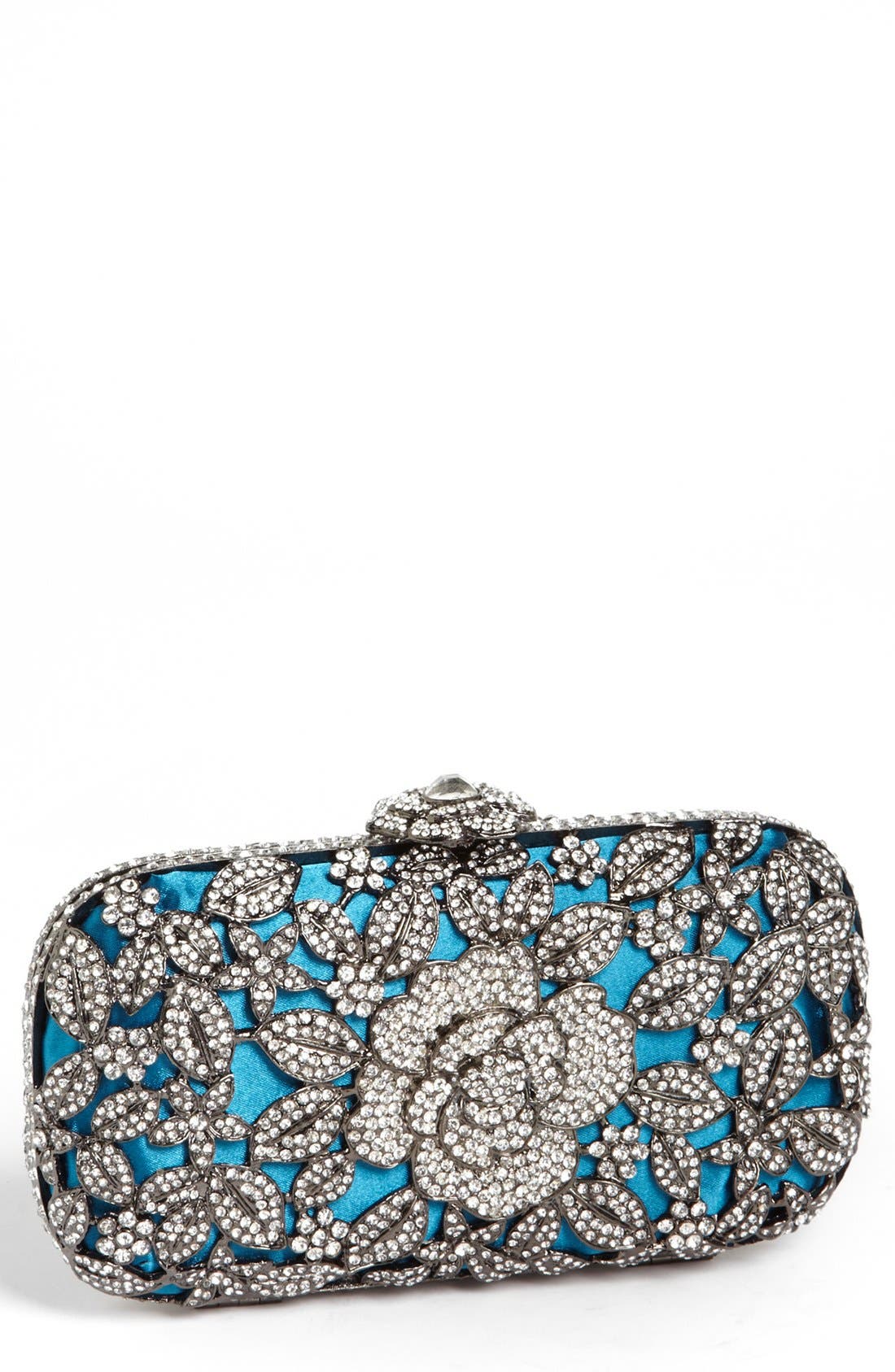 Natasha Couture Crystal Caged Floral Clutch, Main, color, TEAL