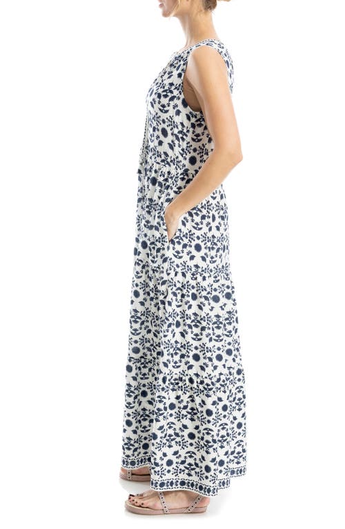 Max Studio Sleeveless Tiered Maxi Dress In Cream/navy Stitch Floral