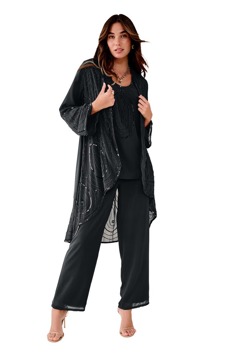 Roaman's Plus Size Beaded Georgette Scoop Neck 3-Piece Pant Set, Main, color, Black