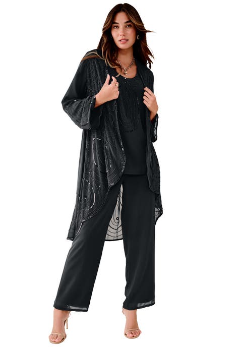 Plus Size Beaded Georgette Scoop Neck 3-Piece Pant Set (Plus)