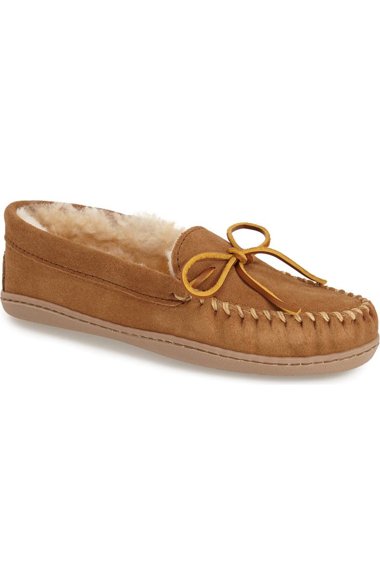 Minnetonka Sheepskin Hard Sole Slipper, Main, color, Tan Suede