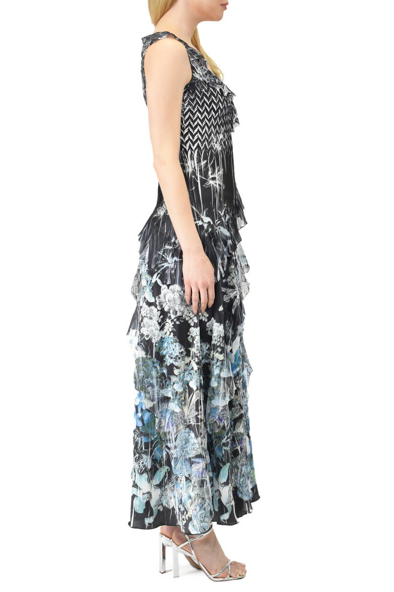 Floral Ruffle Sleeveless Charmeuse Gown, Alternate, color, HYDRANGEA BORDER
