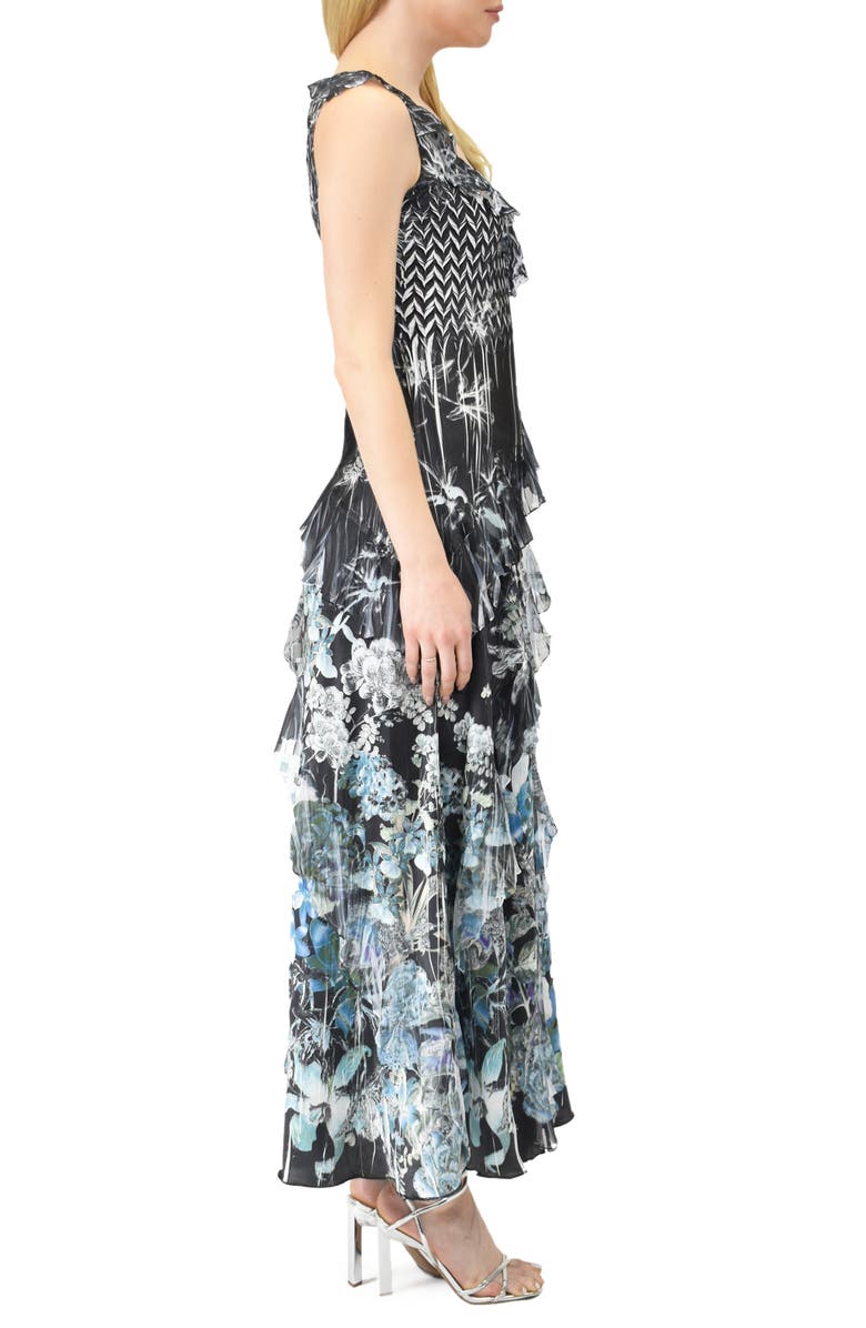 Komarov Floral Ruffle Sleeveless Charmeuse Gown, Alternate, color, 