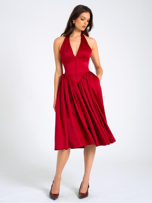 Miss Circle Cara Plunging Halter Backless Maxi Dress In Burgundy
