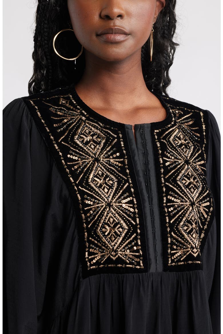 Metallic Embroidered Split Neck Top, Alternate, color, BLACK