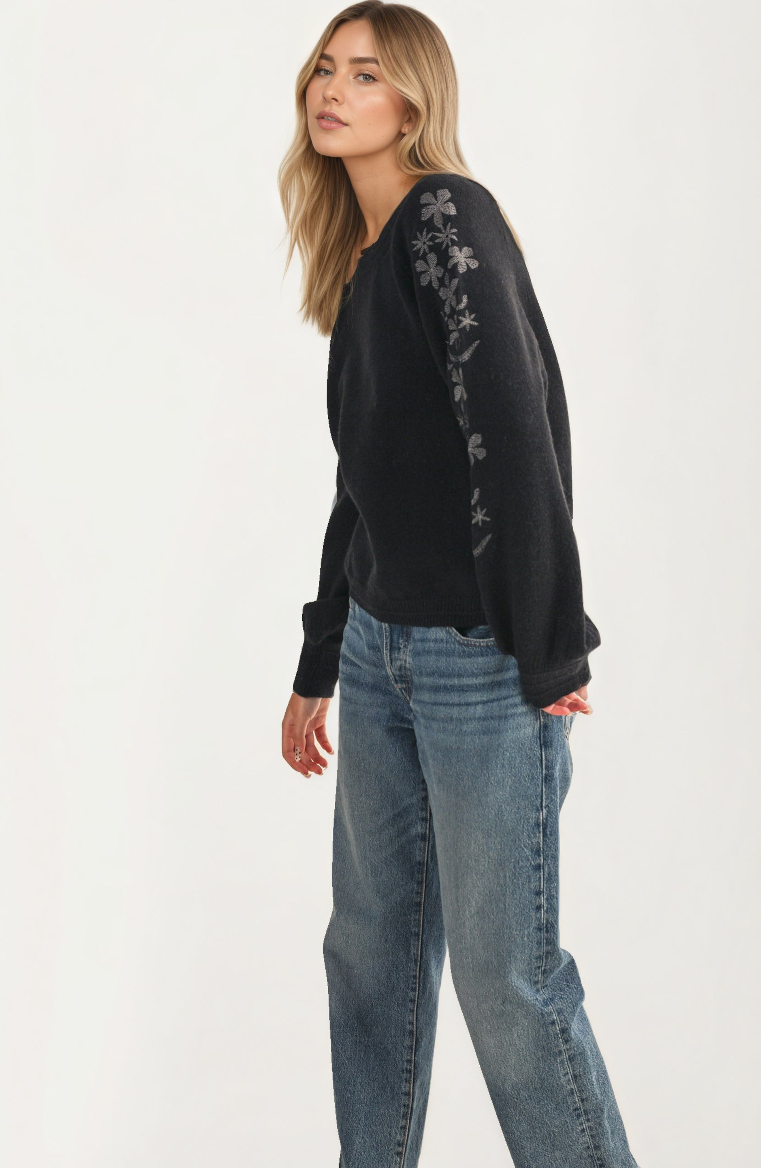 Floral Embroidered Sleeve Sweater - image 2