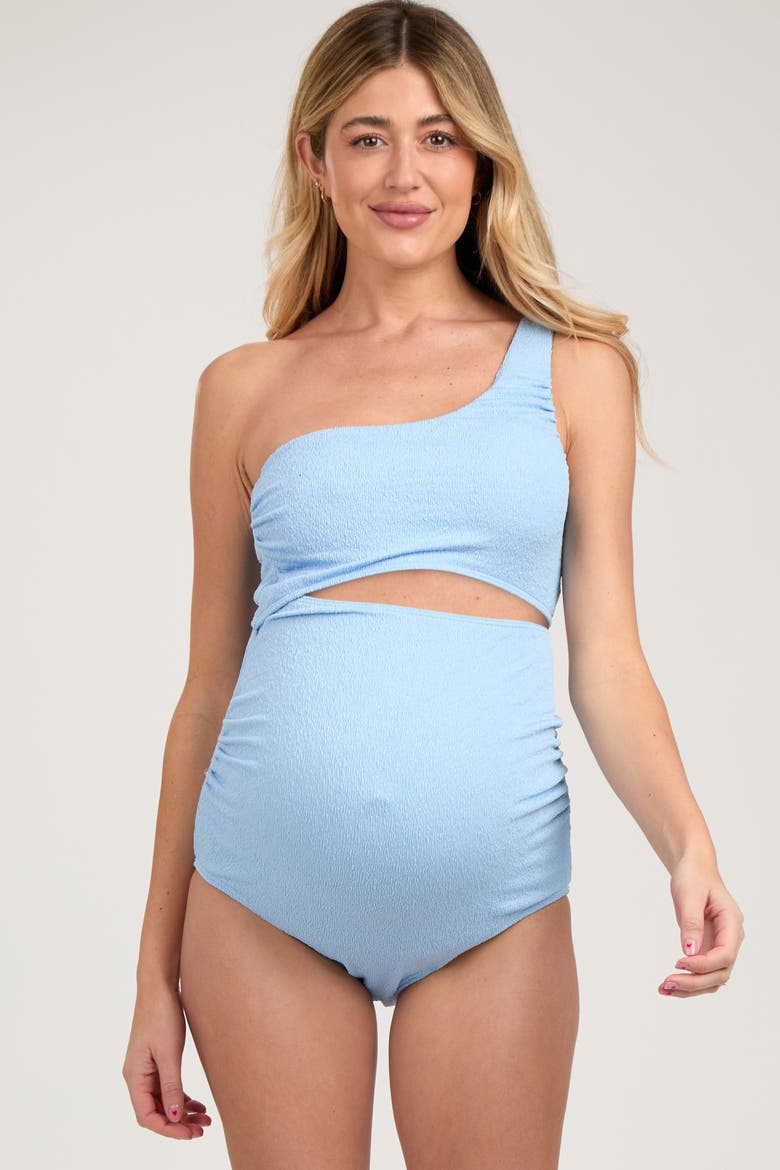 Asymmetrical One Shoulder Side Cutout One-Piece Maternity Swimsuit, Alternate, color, Light Blue