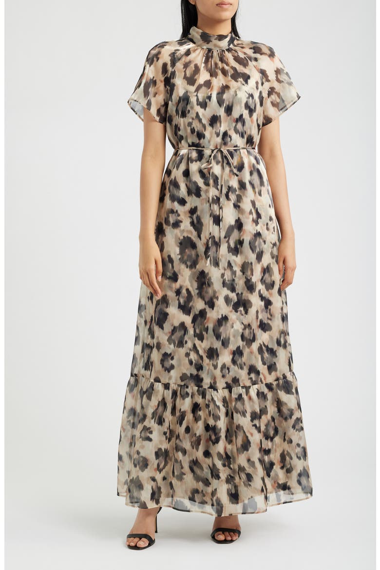 Print Tie Waist Organza Gown, Main, color, BLACK MULTI