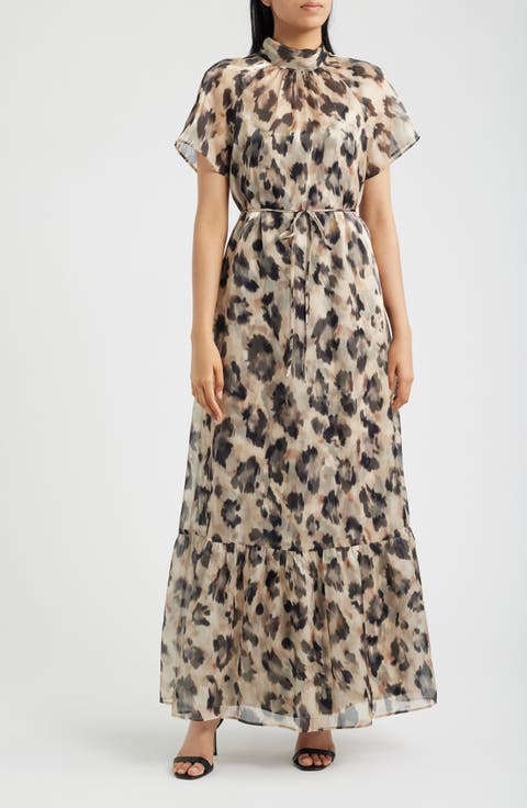 Print Tie Waist Organza Gown