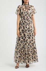 Julia Jordan Print Tie Waist Organza Gown