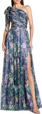 Mac Duggal Petite One Shoulder Floral Printed Chiffon Side Cut Out Gown