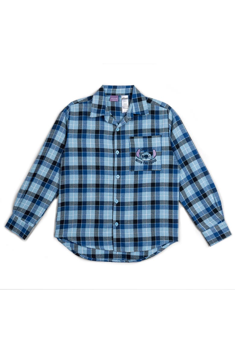 Lilo & Stitch Long Sleeve Button Down Shirt, Main, color, Blue Plaid Stitch