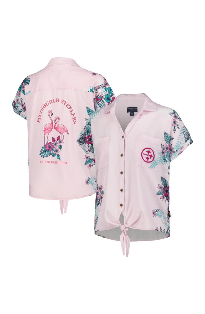 Margaritaville Women's Margaritaville Pink Pittsburgh Steelers Stadium Tie-Front Button-Up Shirt, Main, color,