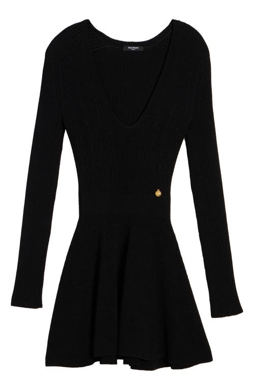 Balmain Long Sleeve Rib Sweater Dress In 0pa Black