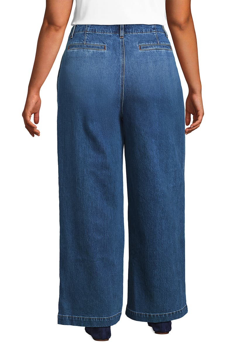 Lands' End Petite Soft Denim High Rise Wide Leg Top Stitch Trousers, Alternate, color, Indigo Tide Blue