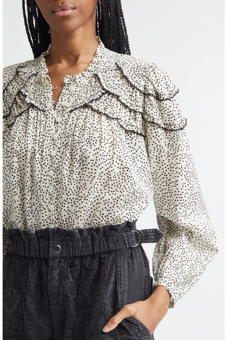 Crista Ruffle Trim Cotton Top, Alternate, color, ECRU/ BLACK