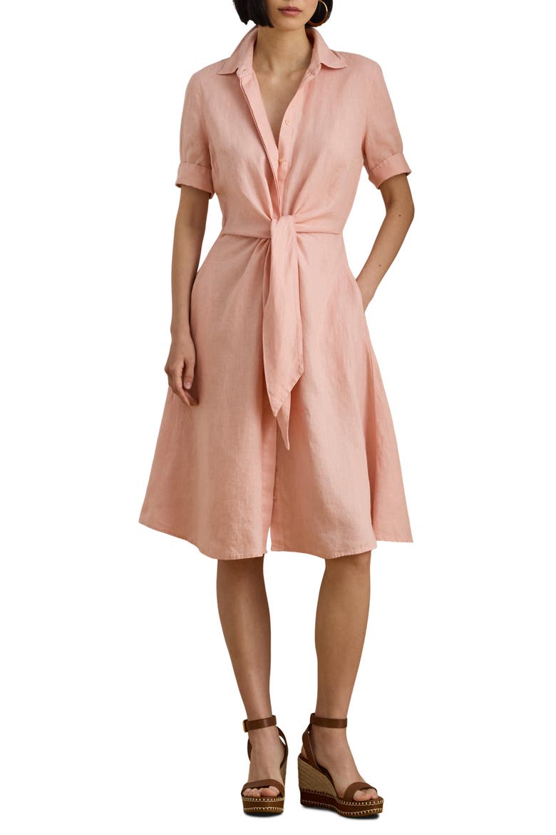 Tie Front Linen Shirtdress, Main, color, PINK RHODONITE