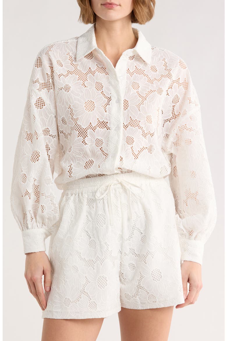 Lace Mesh Button-Up Shirt, Main, color, WHITE