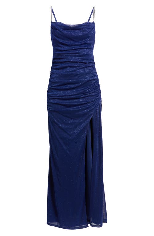 Shop Jump Apparel Metallic Rhinestone Strap Gown In Navy
