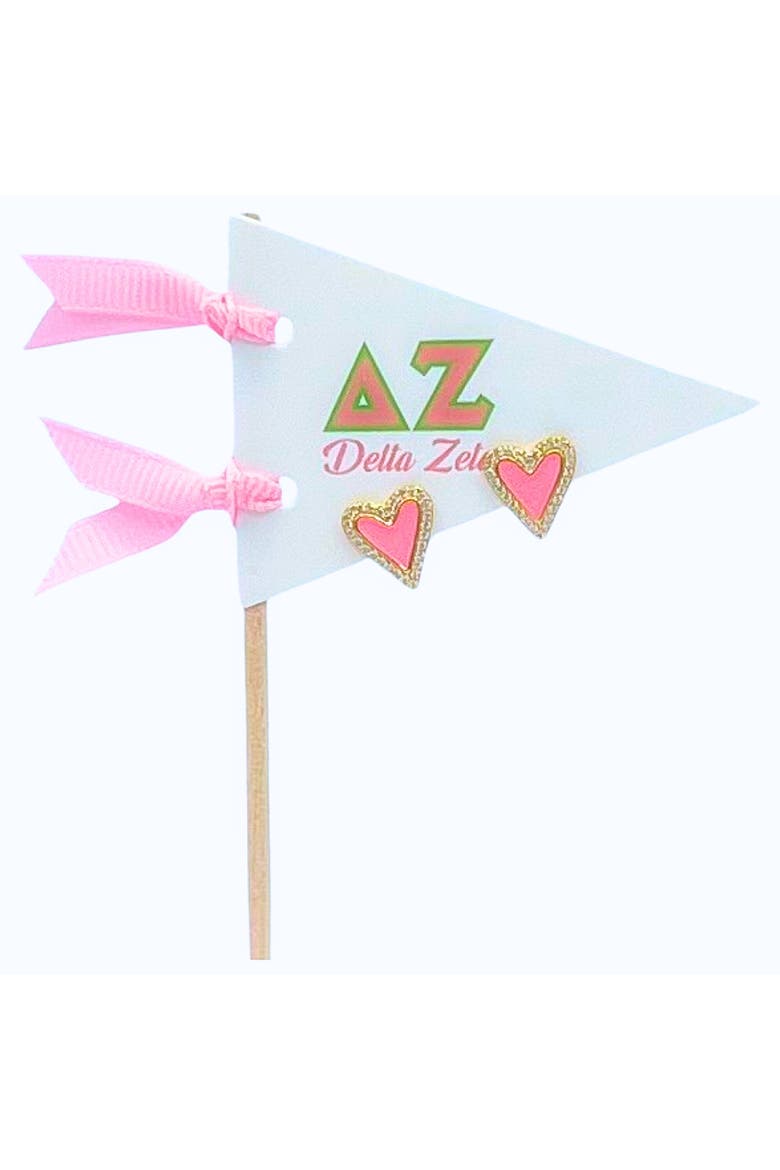 Delta Zeta Heart Stud Enamel Earrings on Sorority Pennant Flag, Main, color, Yellow Gold