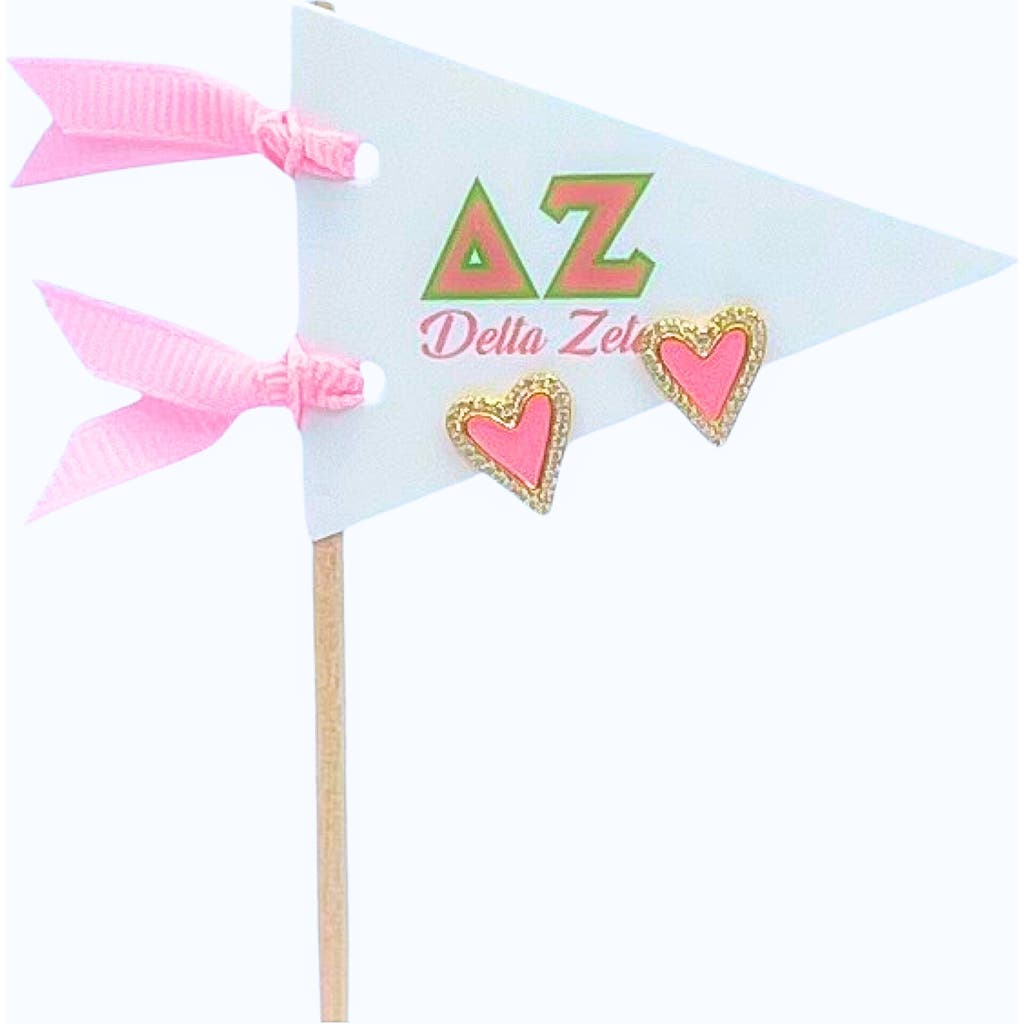 Color Shout Delta Zeta Heart Stud Enamel Earrings On Sorority Pennant Flag In Pink