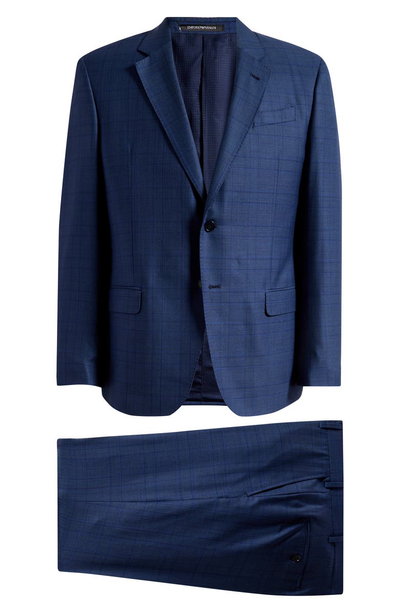 Emporio Armani Navy Check Wool & Silk Suit, Main, color, Navy