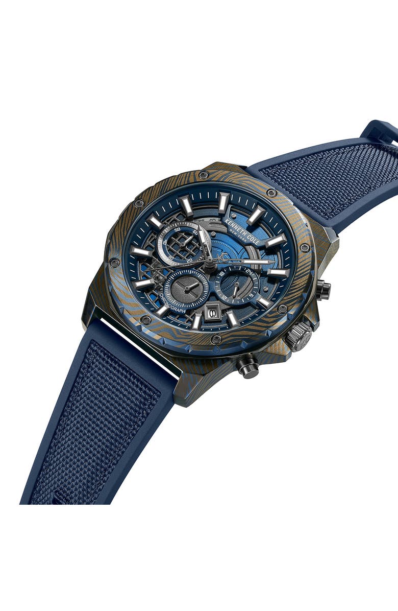 Kenneth Cole New York The Hollis Blue Chronograph Silicone & Nylon Strap Watch, 45mm, Alternate, color, Navy / Blue Dark