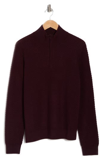 Bruno Magli Textured Merino Wool Quarter Zip Pullover In Burgundy