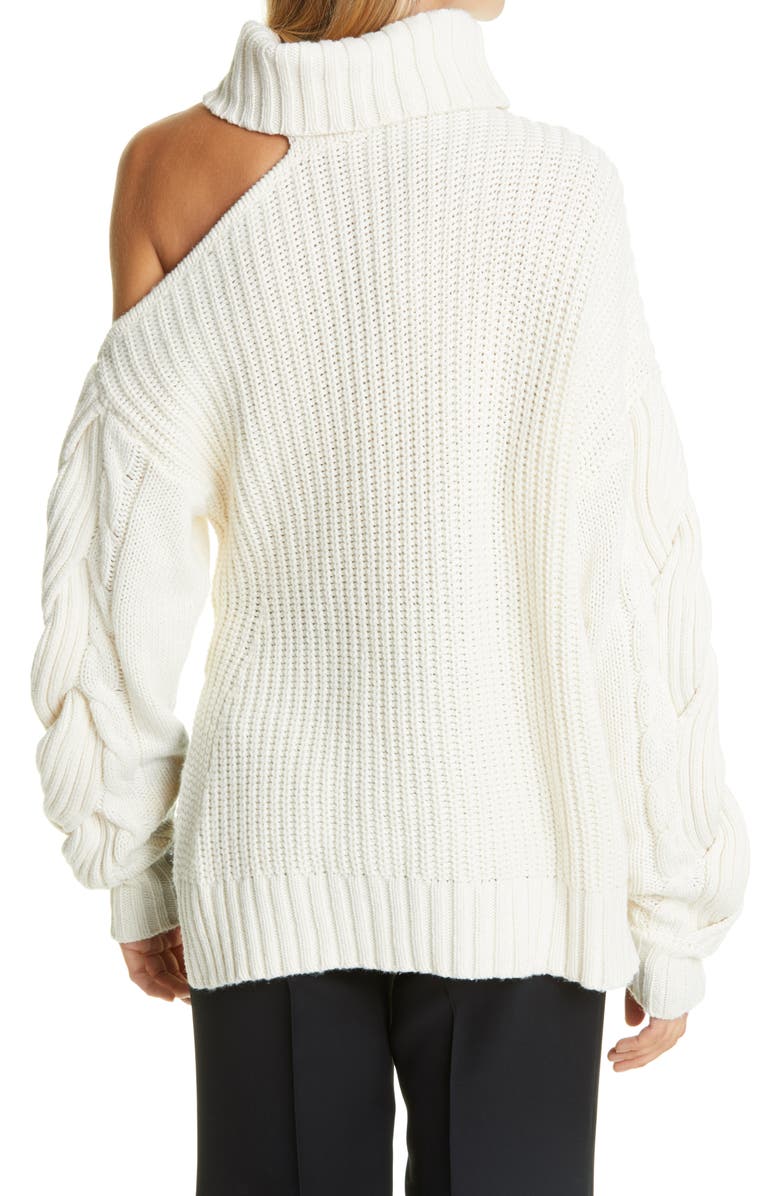 Simkhai Jonathan Simkhai Aubrey Traveling Cold Shoulder Cable Knit Turtleneck Sweater, Alternate, color, 