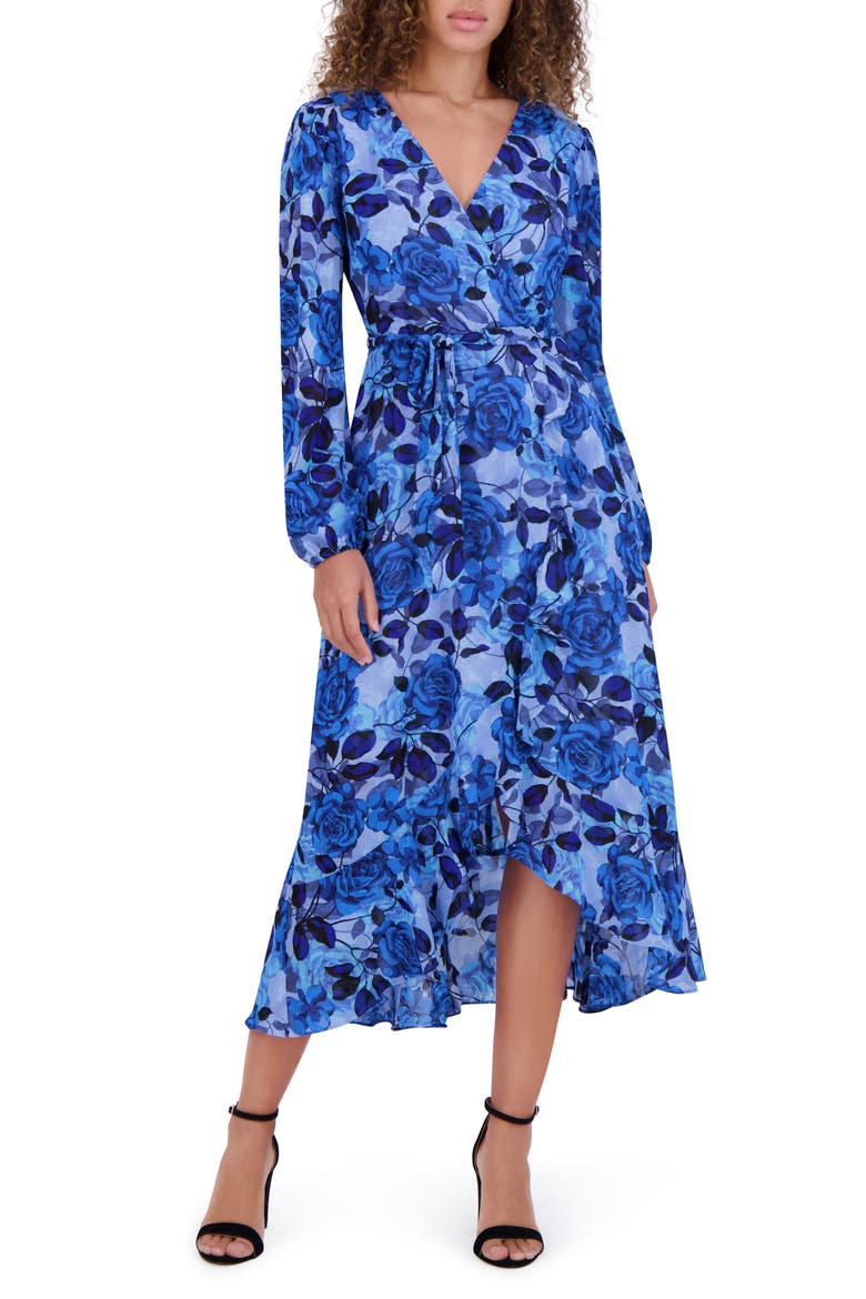 Floral Burnout Long Sleeve Midi Dress, Main, color, BLUE MULTI
