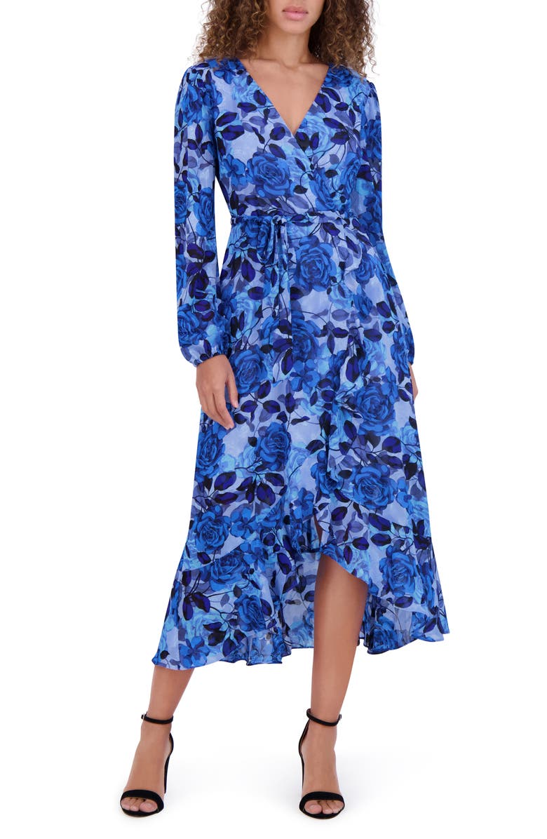 Kensie Floral Burnout Long Sleeve Midi Dress, Main, color, Blue Multi