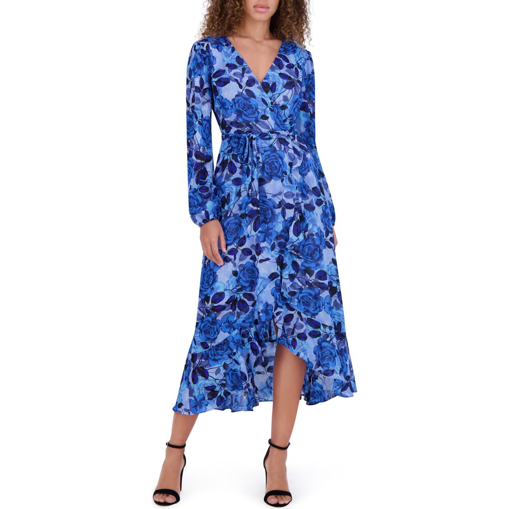 Kensie Floral Burnout Long Sleeve Midi Dress In Blue Multi