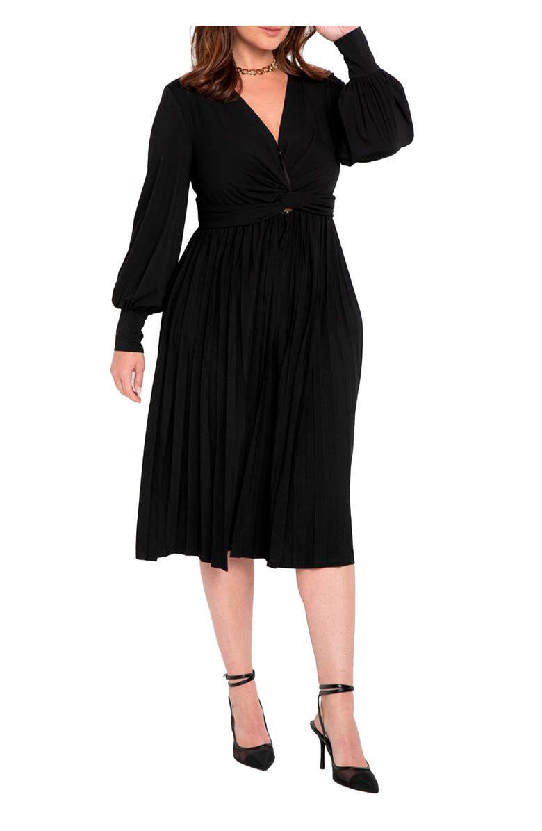 ELOQUII Knot Front Pleated Skirt Dress, Main, color, Black Onyx