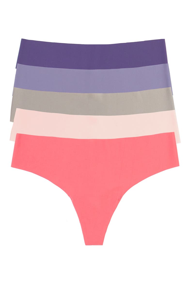 Hint of Skin Assorted 5-Pack Thongs, Alternate, color, PURPLE/ CRYSTAL ROSE/ ROSE