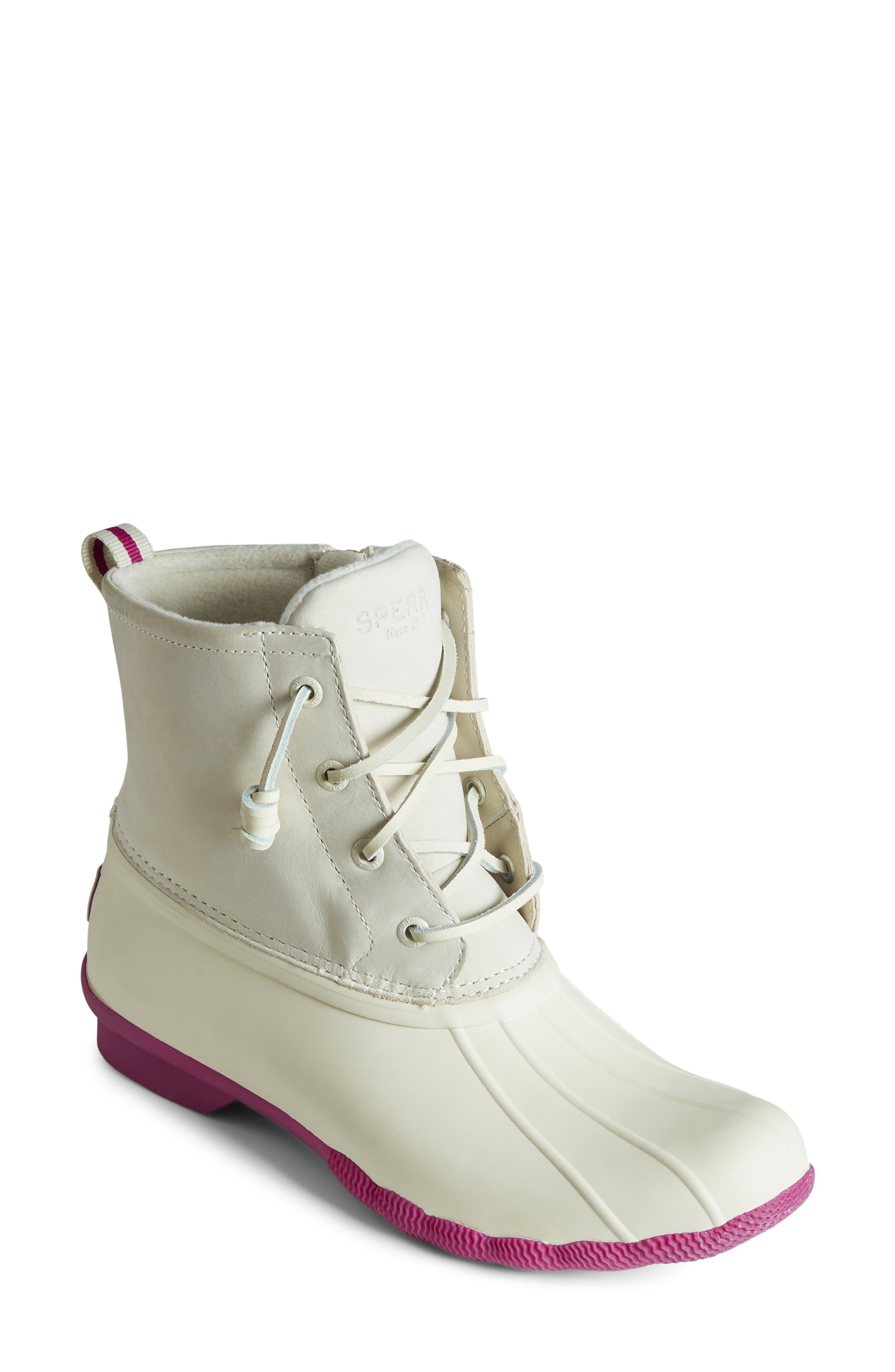 Sperry Saltwater Waterproof Rain Boot, Main, color, IVORY/ PINK LEATHER